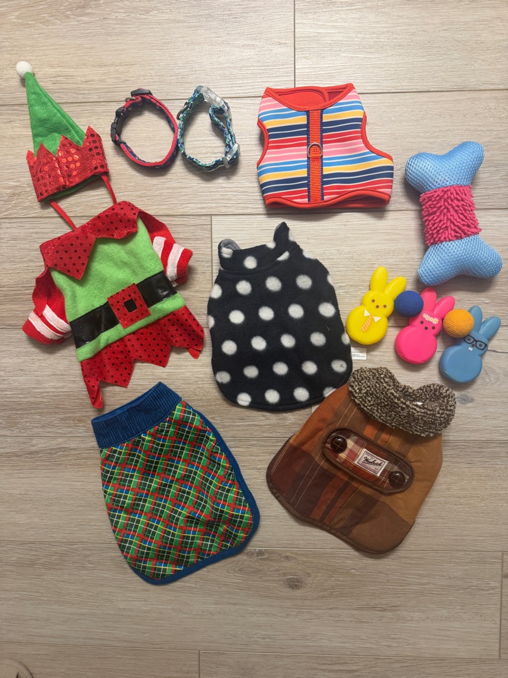 Small dog vest, collar and toys